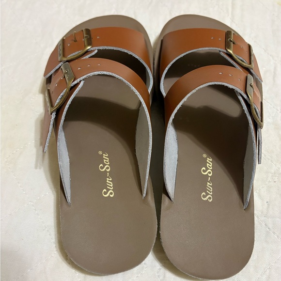 Sun San Shoes - Women's Tan Double-Buckle Slide Sandals